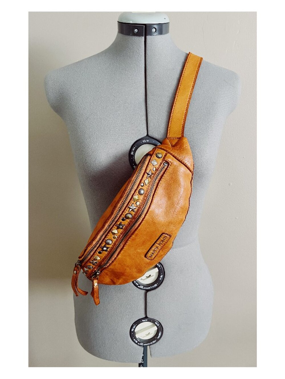 Marta Ponti Portugal Cognac Leather Belt Bag Metal Stud Detail